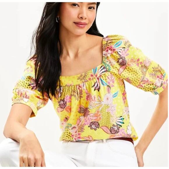 Loft Linen Artsy Yellow Floral Puff Sleeve Top Large Square Neck Boho Vacation - Picture 1 of 13